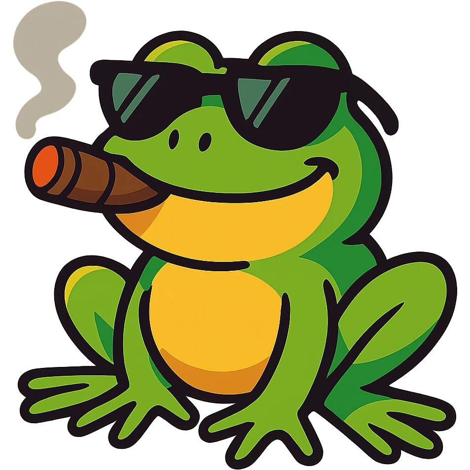 realistic cartoon frog with ray bans, satisfied expression, smoking a cigar, vibrant toon style emoji