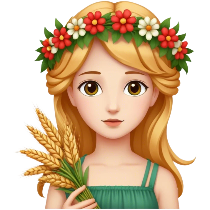 In Greek mythology, Persephone is portrayed as a youthful and attractive goddess with fair skin. She is commonly depicted wearing a wreath of flowers on her head and holding sheaves of grain or a flaming torch.  emoji