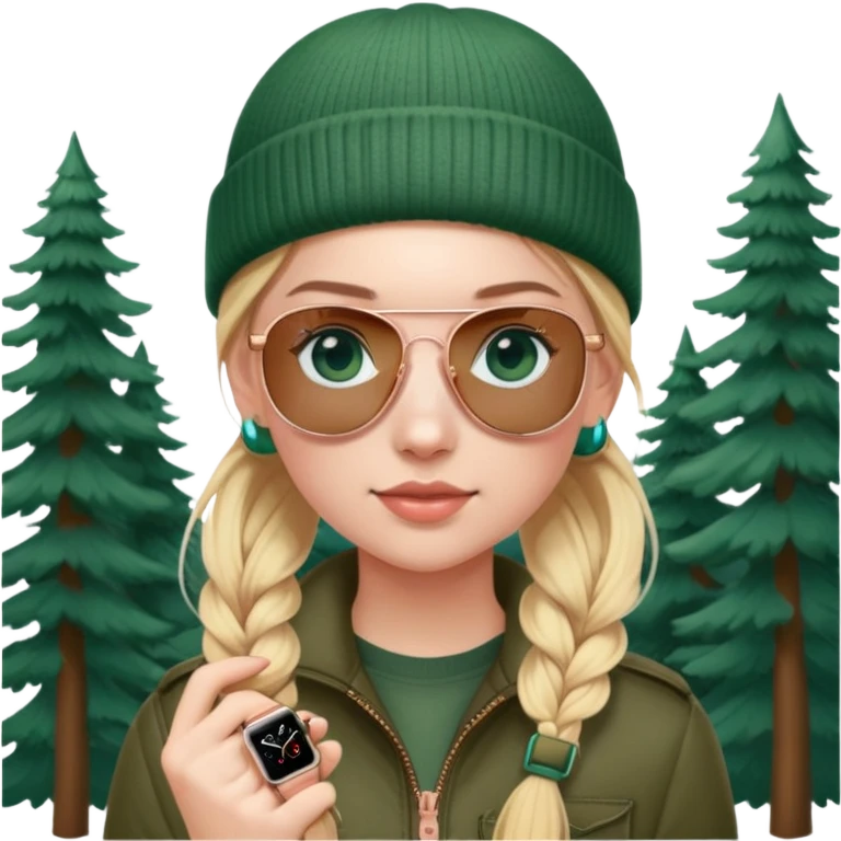 girl with pigtailed blond hair
with blue eyes and aviator sunglasses

wearing beanie
wearing (rose gold apple watch with forest green band) emoji
