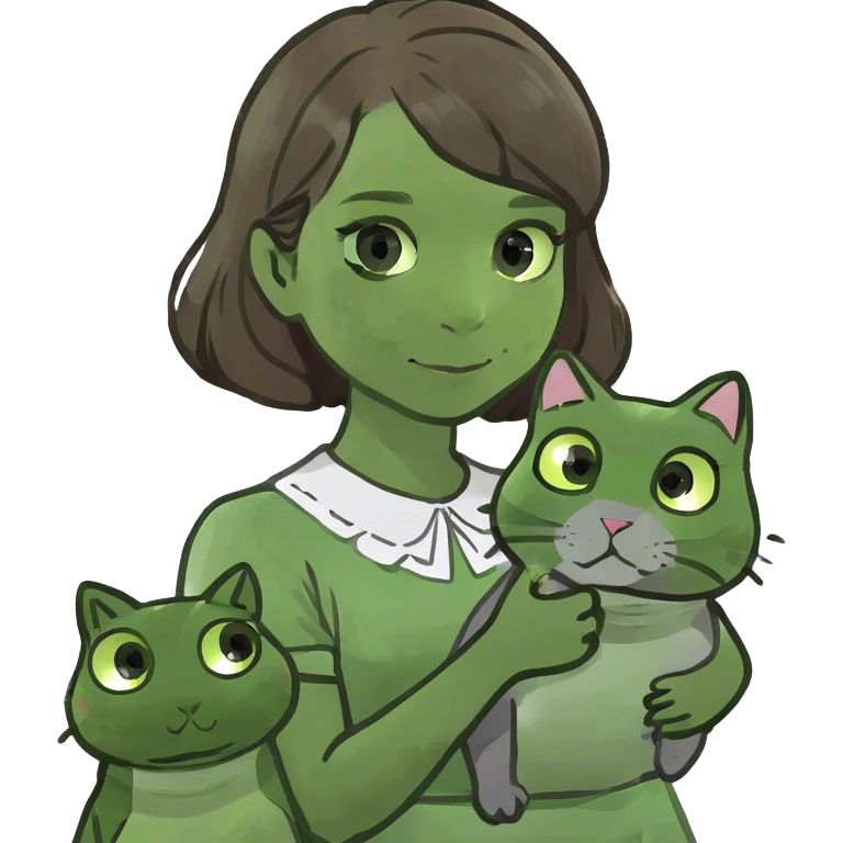 A girl with brown hair holding a grey cat and a cat that is grey and white emoji