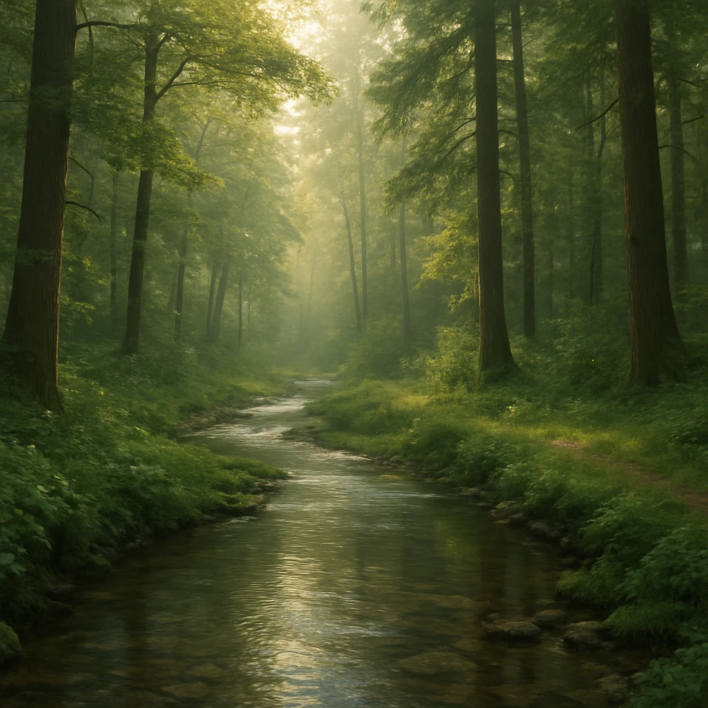 realistic forest landscape, 1920x1080 aspect ratio, early morning, dense trees, clear stream winding through foreground, soft golden morning light, lush greenery, detailed water reflections, gentle mist, no wildlife emoji