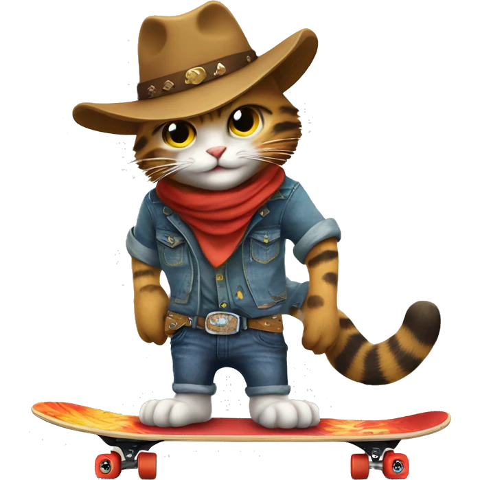 a cool cowboy cat on skateboard, lively emoji