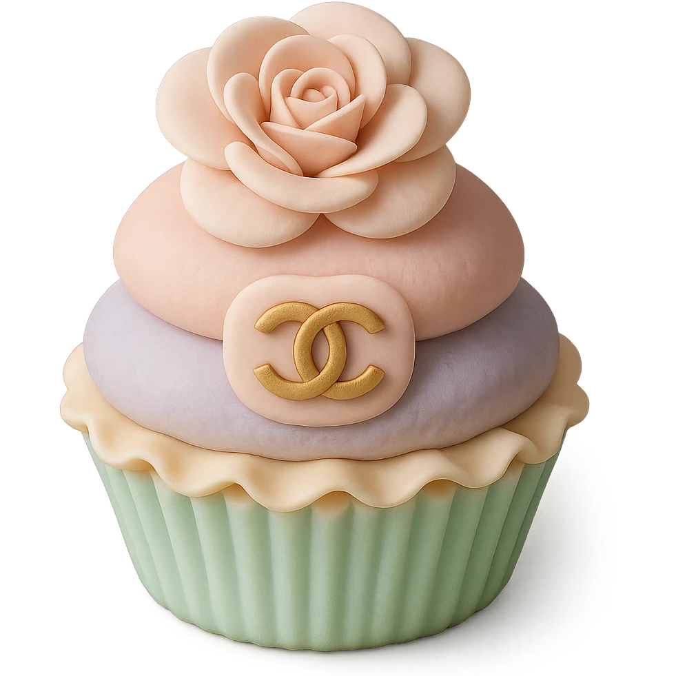 pastel Chanel cupcake with a camellia flower and edible logo, delicate and elegant emoji