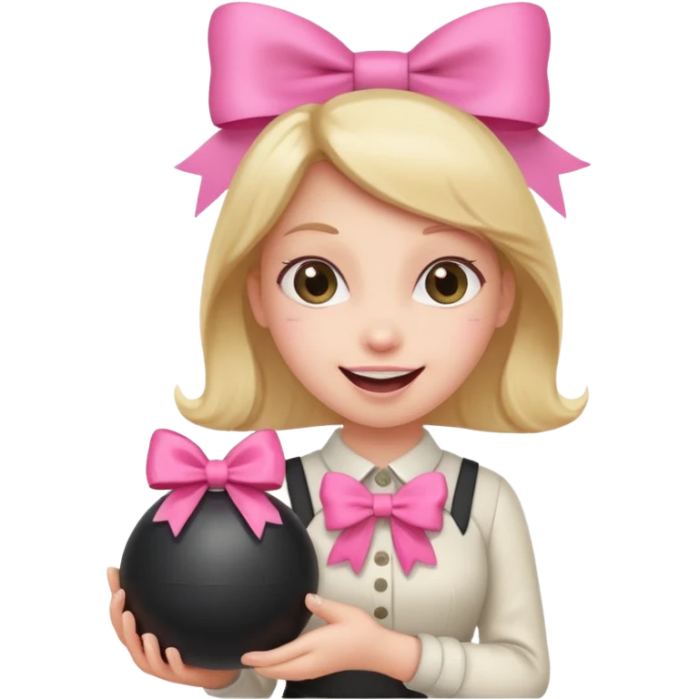 A happy face holding a bomb and the bomb has a cute pink bow emoji