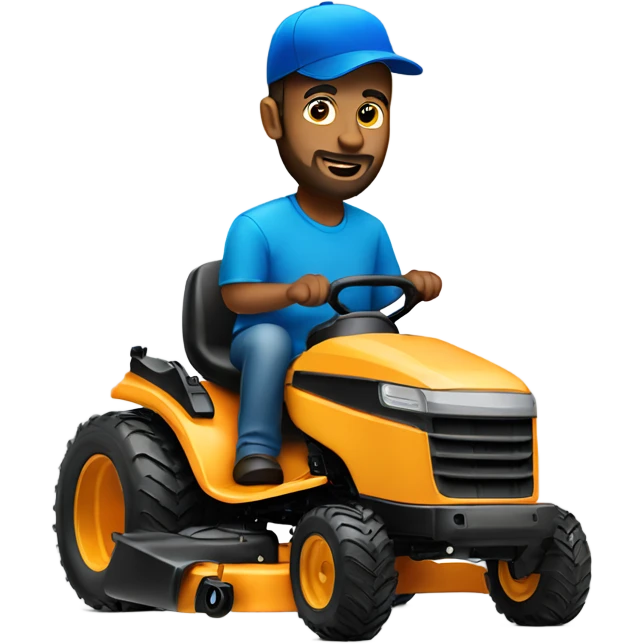 Bigger man with short beard and blue hat riding lawn mower  emoji