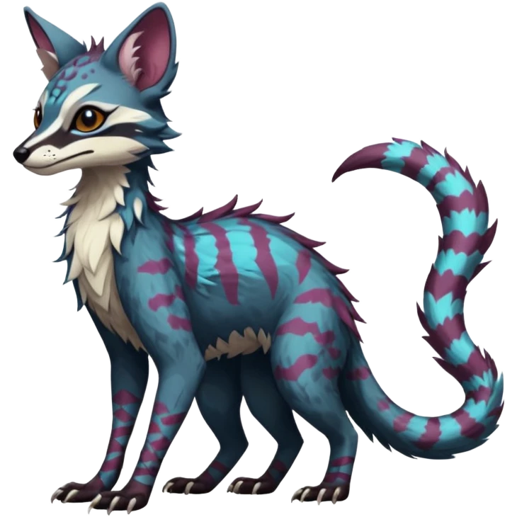 Feral Rare Fantasy dark colorful Vernid-Sergal-Genet-Trico-species by LiLaiRa, random markings, tufted tail, tufted ears, full body emoji
