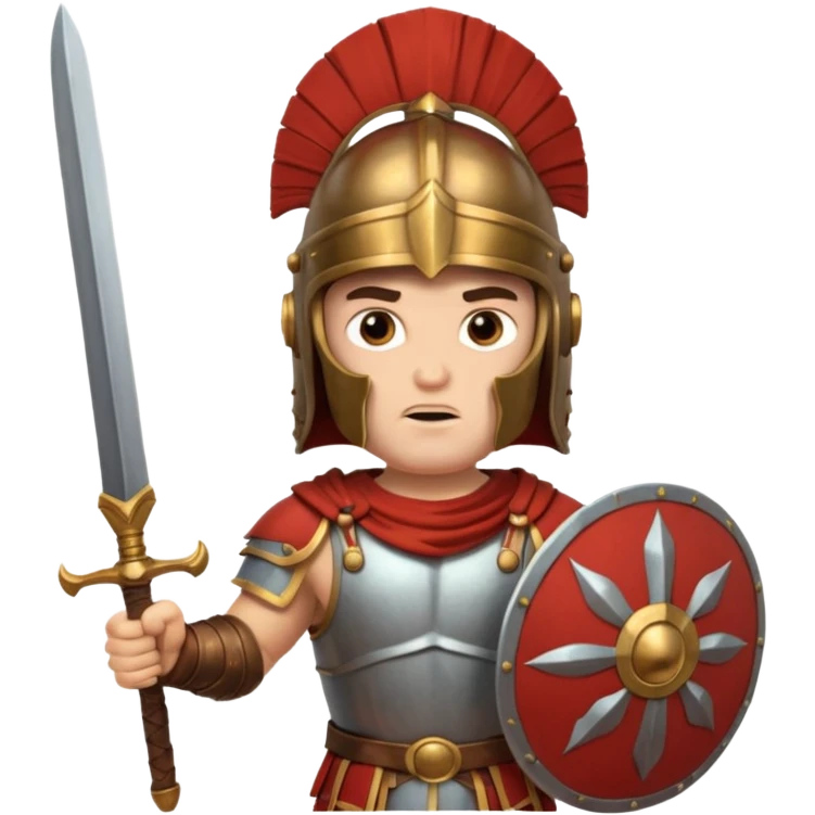 An emoji of the Roman god Mars. He is a warrior with a helmet and armor, holding a sword and shield, with a fierce expression. emoji