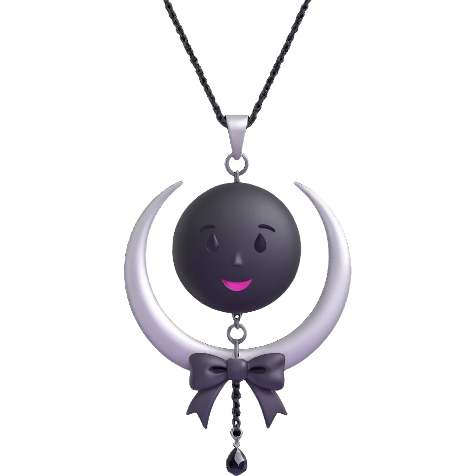 3D emoji gothic bow, white silk, silver crescent moon, black gemstone, black chain fringe emoji