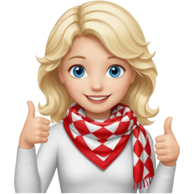 Blonde Girl, Blue Eyes, wavy hair, smiling, thumbs up, wearing red Checkered Triangle scarf, white dress emoji
