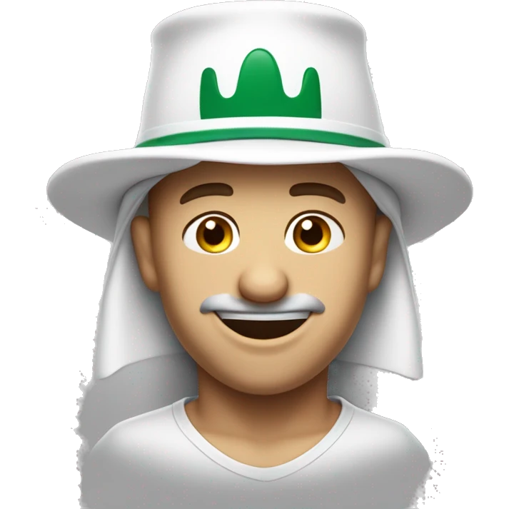 Cubby white wearing white saudi hat with only mustache smiling in a cheesy way lifting his eyebrows with a bit sleepy eyes has one missing tooth smiles with his teeth showing emoji
