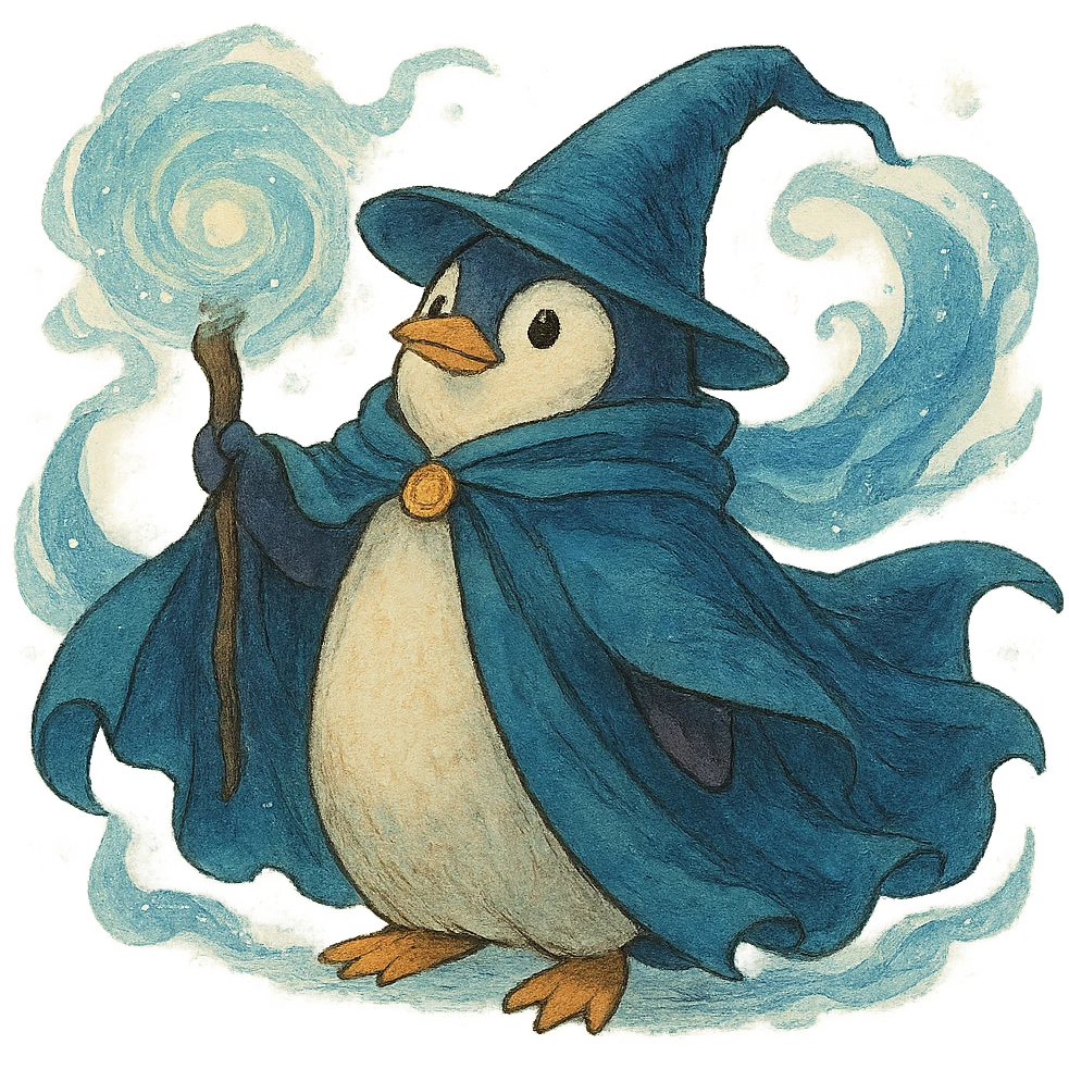 ghibli style penguin wizard with flowing cloak and magical aura emoji