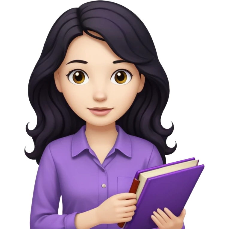 Long Hair Women with Black wavy hair, with purple Book, beige shir, without background emoji