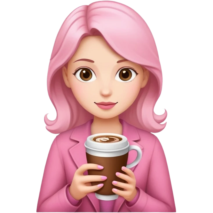 A woman dressed in pink taking a mocha emoji