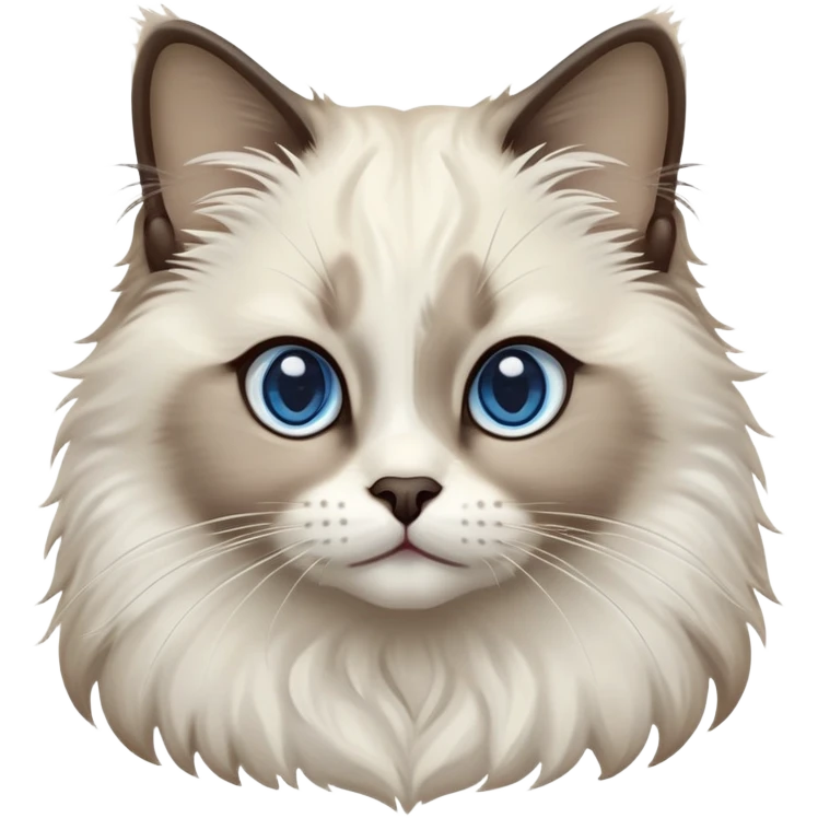 Cinematic-Fluffy-Seal-Ragdoll-Cat-Portrait-Emoji – Head tilted cutely with big, sparkling blue eyes, soft brown-and-white fur with darker seal points on the ears, face, and paws, simplified yet irresistibly adorable features, highly detailed, glowing with a soft and warm charm. emoji