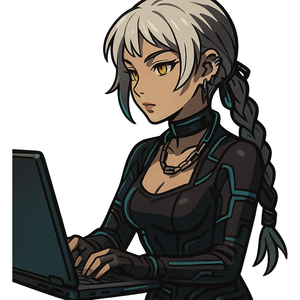  she is sitting at a laptop typing, a closeup portrait of young woman with gold yellow eyes, white hair, long braid, black off-shoulder top d-cup, punk gothic style, futuristic cyberwave cyberpunk, sitting position
 emoji
