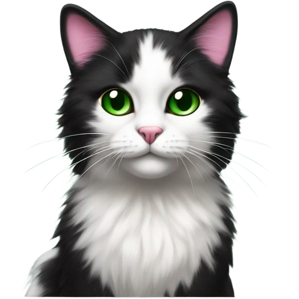 Black and white fluffy cat with black over both eyes pink nose green eyes and black dot on chin emoji