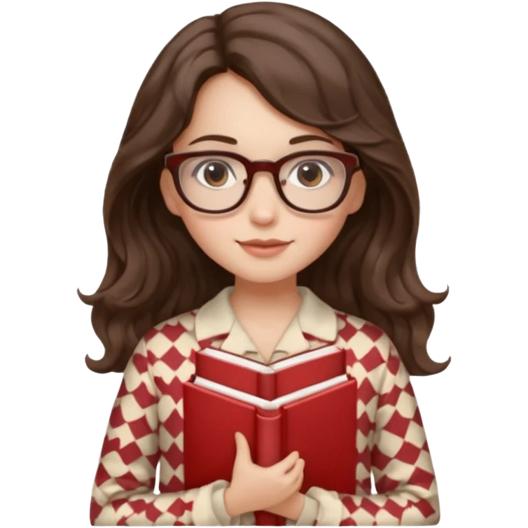 Миловидная девушка брюнетка с длинными  волосами на которых легка волна. карими глазами. В очках и в пижаме с книгой. Картинка должна были в цветах: бежевый, бледно красный, коричневый, белый emoji