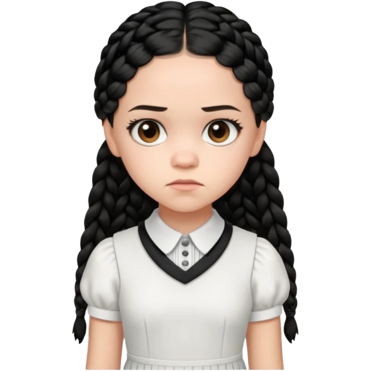 Draw Jenna Ortega with pale skin, black braids, white-collared dress & serious expression. emoji
