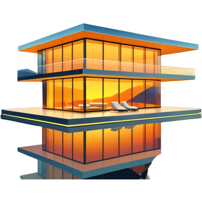 futuristic modern villa, glass walls, sunset glow in yellow and orange emoji