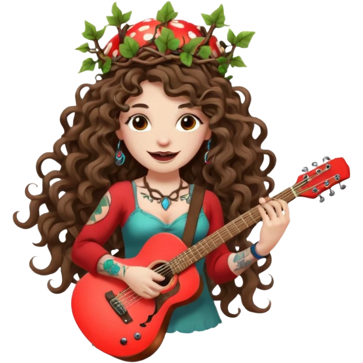 woman with long curly brown hair, brown eyes, white skin, tattoos, wearing a mushroom crown and tuning a neon vine guitar, mischievous rock grin emoji