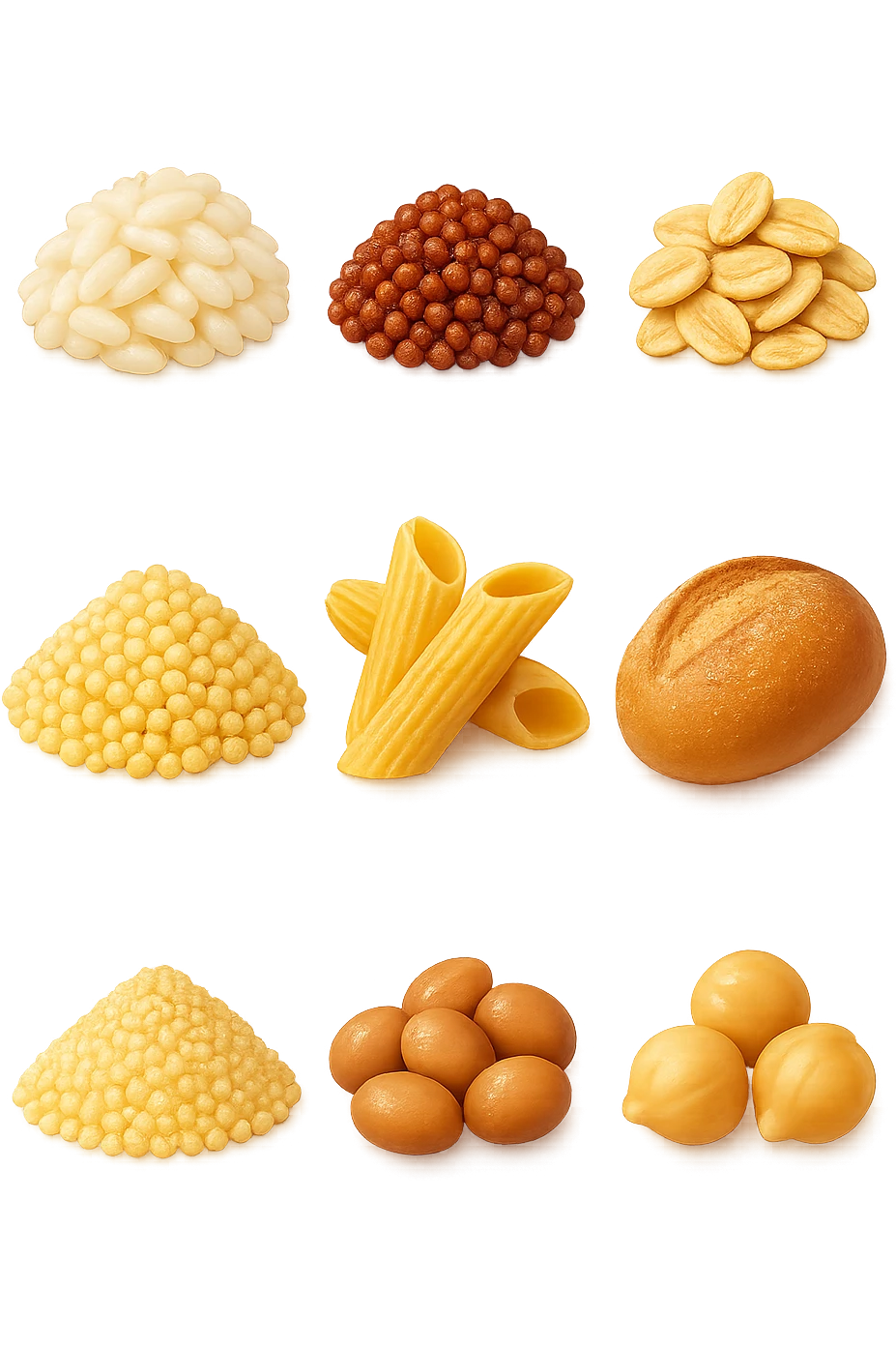 emoji stile iphone 3d di questi elementi che fluttuano in aria:

Riso, quinoa, avena, miglio, couscous senza glutine
Pasta e pane gluten-free
Farro a lievitazione lunga
Lenticchie e ceci in scatola

 che fluttuano in aria, iperealistico 4k emoji