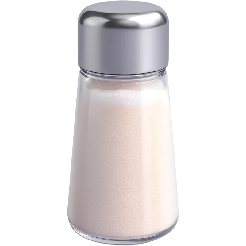 Make a salt emoji with no face that looks exactly like the reference image, in iOS emoji style. 3D, shiny, smooth gradients, soft shadows, realistic salt shaker shape, metallic lid, no face. Add a soft shadow under the shaker. emoji
