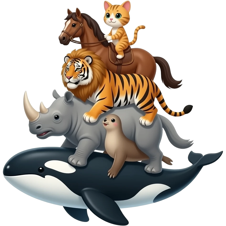 Kitten riding a horse that is riding on a lion that is riding on a tiger that is riding on a rhino that is riding on a horse that is riding on a seal that is riding on an orca that is riding on a sperm whale that is riding on a plane in the sky emoji