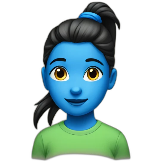 11 years old girl’s portrait with black pony tail and blue t shirt  emoji