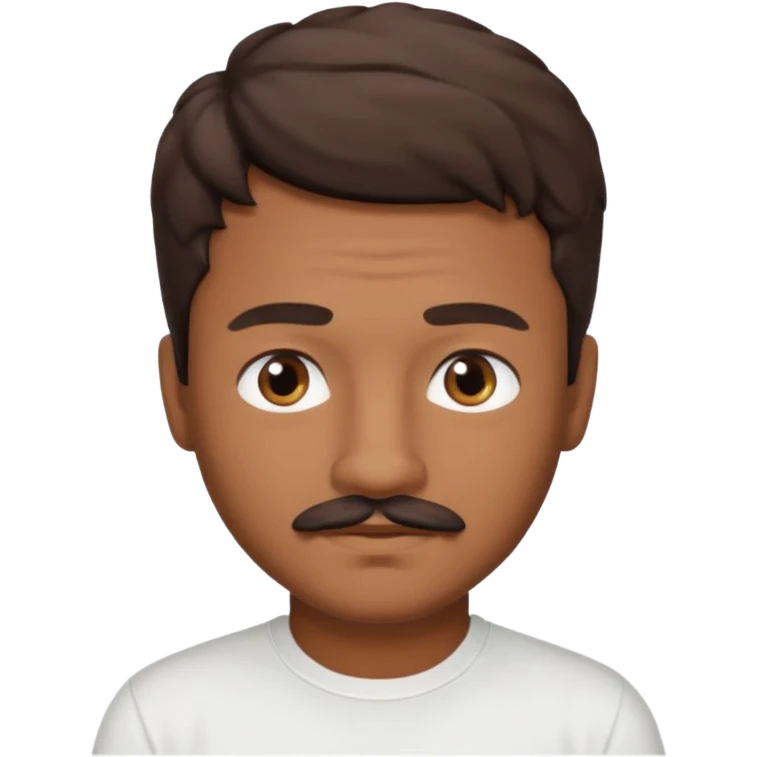 Homme brun cheveux court ondulé. Métisse. Yeux marrons très foncé. Avec t-shirt blanc avec une légère moustache  emoji