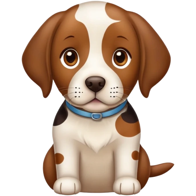 spotted brown Labrador retriever with calico pattern, friendly face emoji
