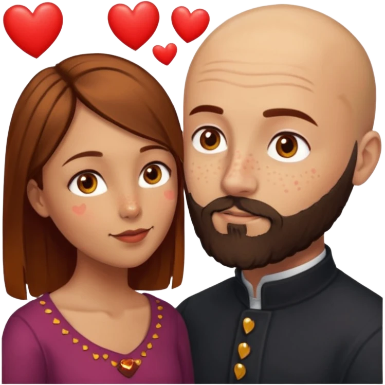 Couple. Bald man with dark brown-black beard. Woman with many small, faded, round freckles, white skin and she has auburn-yellow-brown-caramel-cinnamon dark hair. She has light yellow-brown eyes. He have hazel eyes. They look at each other. Many small red hearts around them. emoji