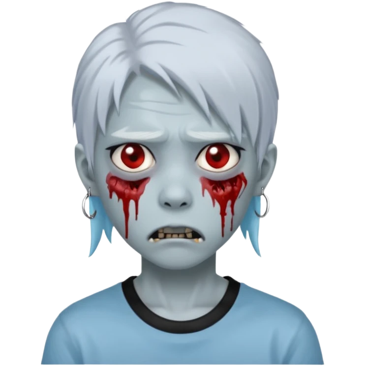 Create a 3D emoji-style avatar with very pale blue-grey zombie skin like the reference image, a young Asian face, and large eyes with blood tears. Give it white mullet-style hair, silver hoop earrings, and a simple black T-shirt. The face expression should be slightly angry emoji
