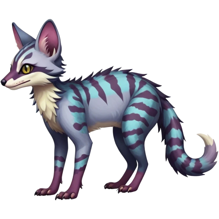 Feral Rare Fantasy dark colorful pastel vibrant Vernid-Sergal-Genet-Trico-species by LiLaiRa, random markings, tufted tail, tufted ears, full body emoji