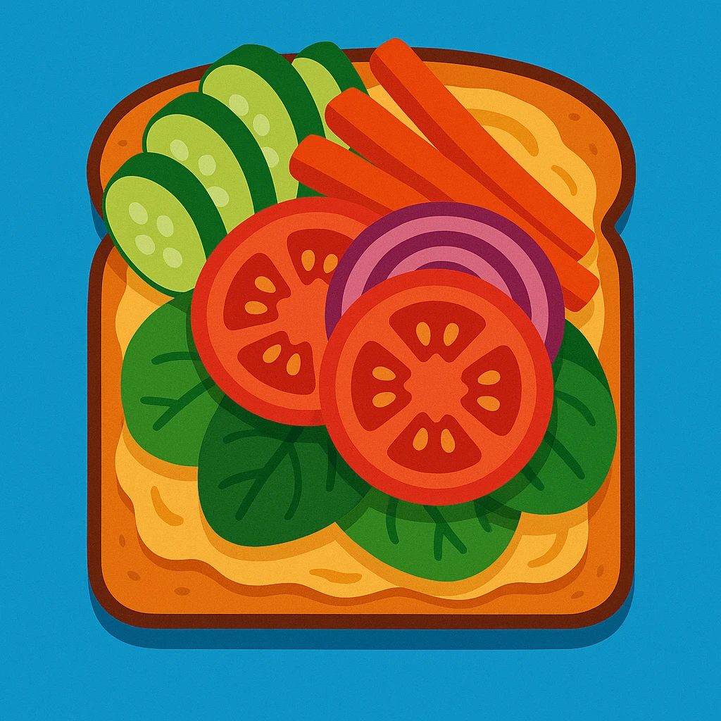 veggie and hummus sandwich, vibrant, appetizing, top-down view, visible layers of vegetables and hummus emoji