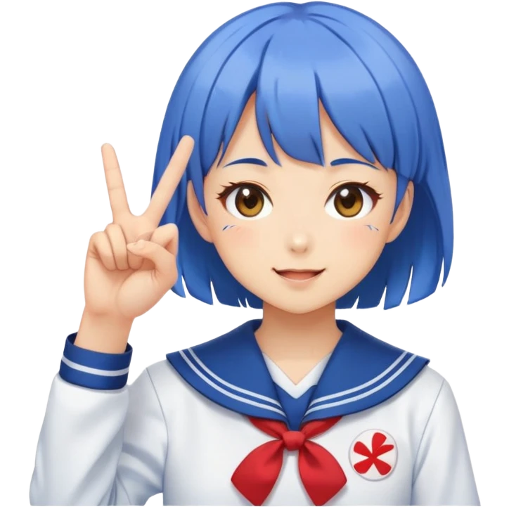 Energetic anime girl with short blue hair wearing Japanese sailor style school uniform, winking and making peace sign, kawaii style emoji