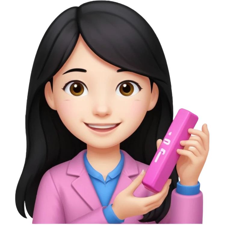long black haired girl kid playing pink colored formula 1 toy emoji