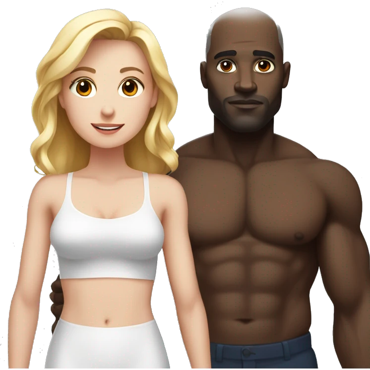 Woman  who is very short with white skin standing next to a strong black man who is shirtless and twice her height emoji