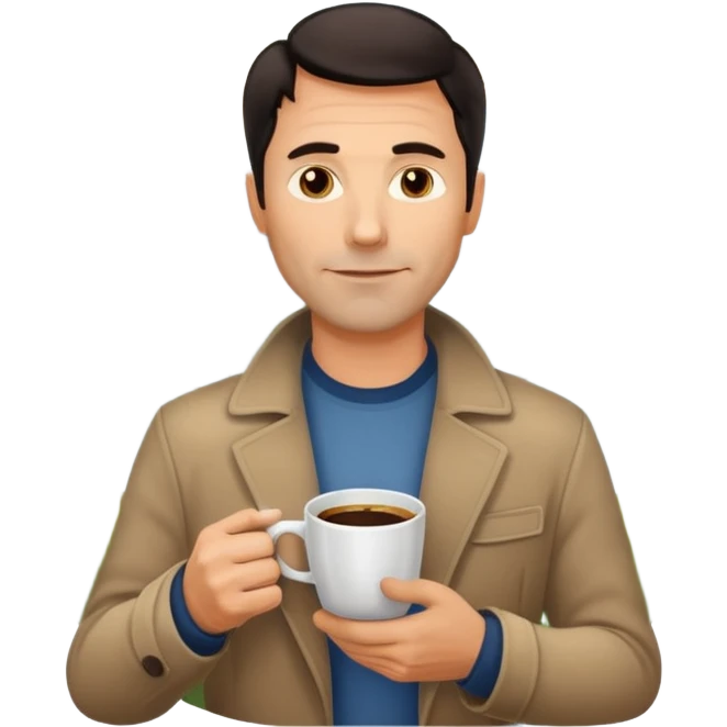 A handsome 45 year old white man with dark hair in a very foggy park with a city view drinking a cup of coffee emoji