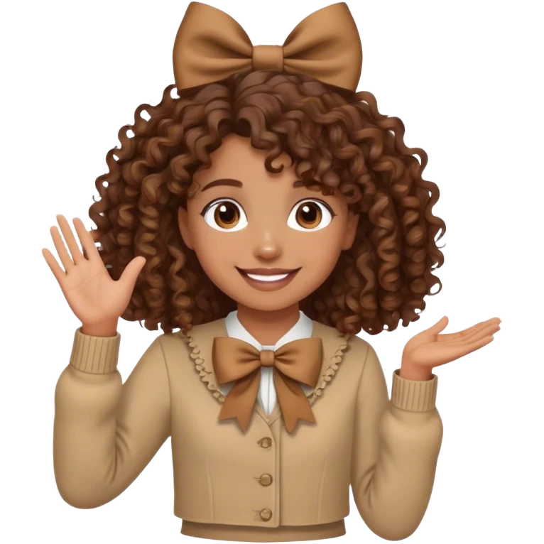 brown girl with brown curly hair and bows in her hair waving  emoji