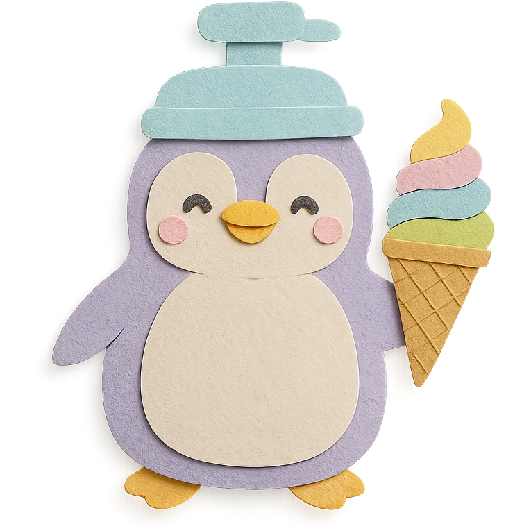 pastel-colored fluffy ice cream maker penguin, making rainbow ice cream, full-body emoji