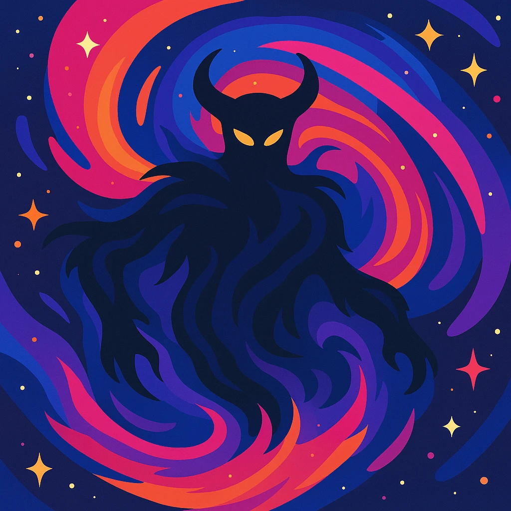 Add vibrant cosmic colors, swirling nebulae, and glowing stars to Magnum Chaos, primordial Greek god, while keeping the abstract, powerful, mythological essence in a vibrant toon style. emoji