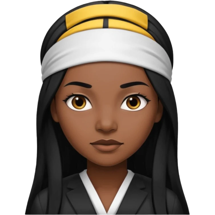 Black woman, 30 years old, lawyer, long straight hair, headband, strong and sharp expression emoji