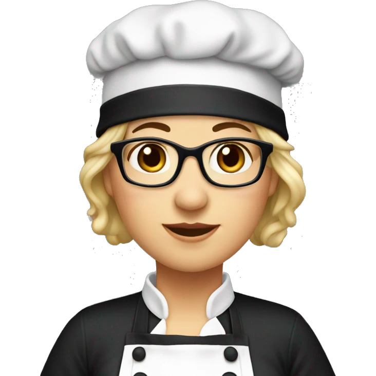 a female chef, chubby, mature,dark eyes , glasses, black apron, black hat emoji