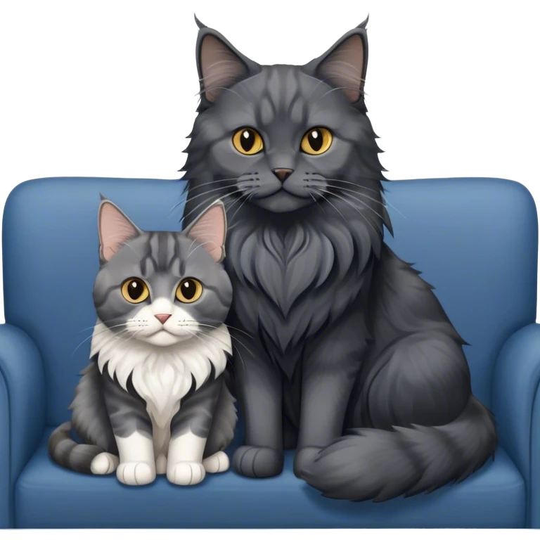Portrait of a black smoke Maine Coon cat with long grey ear tufts, alongside a British Shorthair cat with a solid blue coat on sofa. Both cats with detailed fur textures and playful expressions. Soft, elegant background of room with flowers and natural tones. Transparent background. emoji