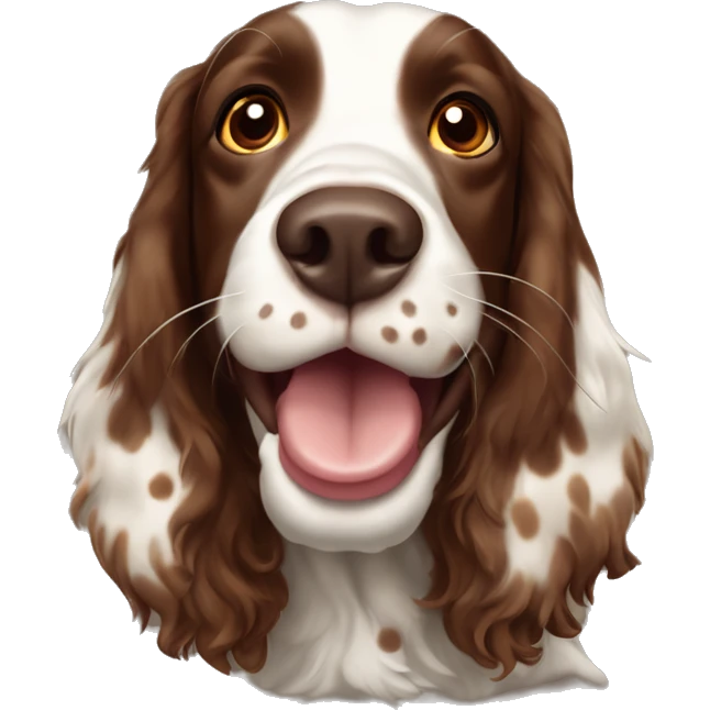 happy brown Springer spaniel with brown spots, mouth open and a small, thin blaze emoji