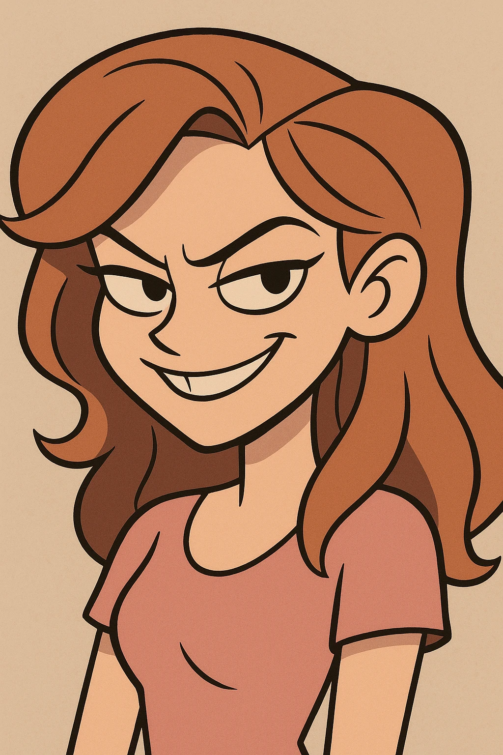 a beautiful girl with a mischievous, sly smile and sharp eyes, bold cartoon style emoji