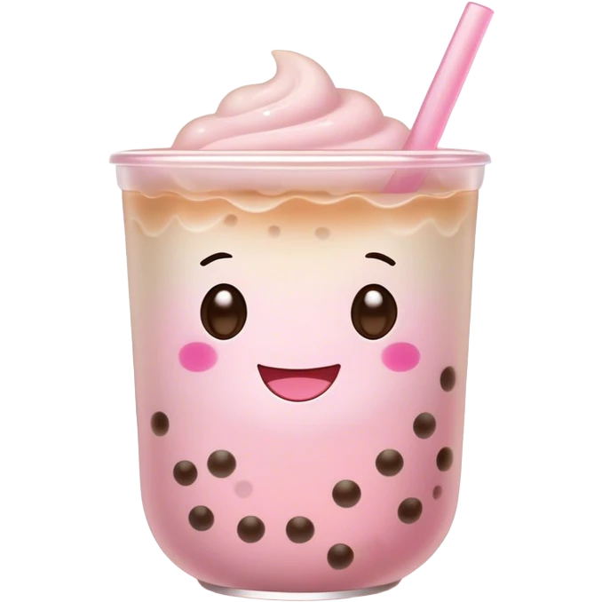 Cute Kawaii Boba Tea Cup, with a happy smiling face, chubby round shape, pastel pink and brown colors, soft glowing highlights, adorable tapioca pearls floating inside, sparkling eyes full of joy! emoji