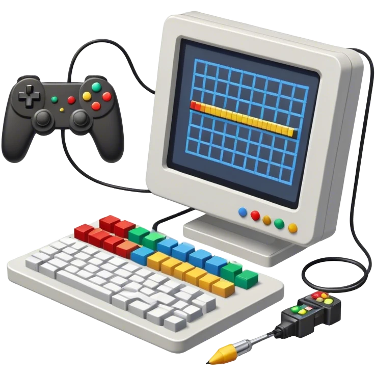 Icon for Game Design Development: a computer screen displaying a game interface, pixel art, 3D models, a game controller, and tools like a grid, stylus, and wireframe. Сonvey the process of game development, with elements representing design, coding, and interaction. Transparent background. emoji