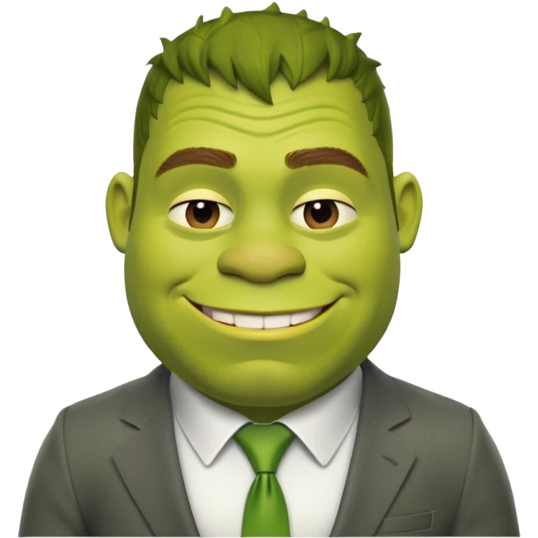 Sporty Shrek in an office suit with a smile on his face, but very tired emoji