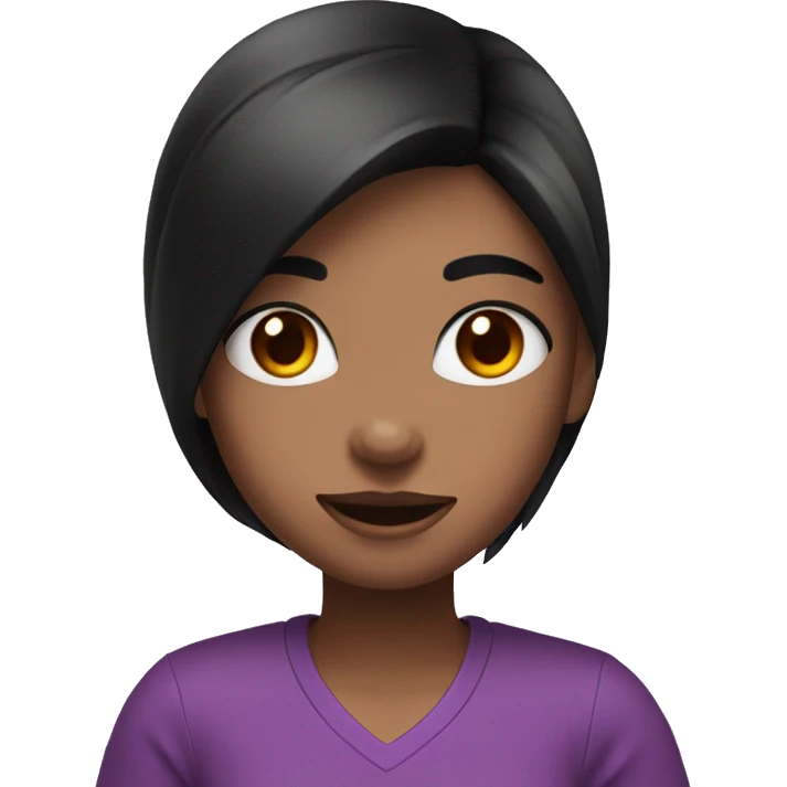 girl emote cuddling a heart with red shirt purple eyes black hair and smile on face emoji